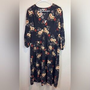 The Odells x Anthropologie Black Floral Print Rayon‎ V-neck Midi Dress Size M